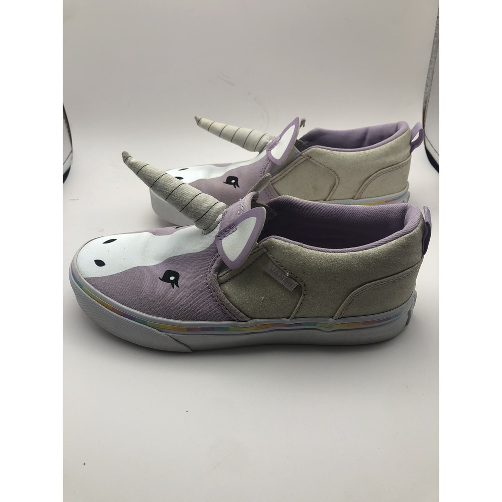Vans Asher V Slip-On Shoes girls sz 2 Unicorn Horn Purple & white Whimsical